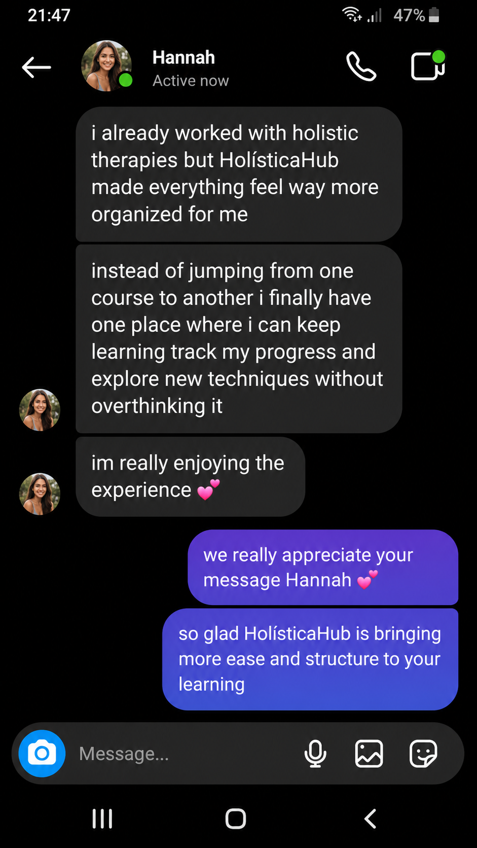 Testimonial from a HolísticaHub student about HolísticaHub
