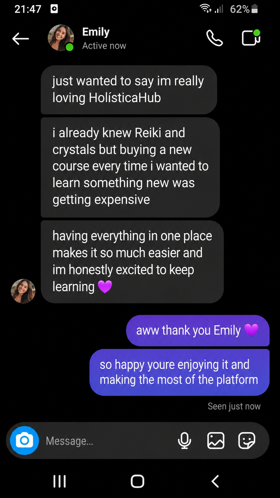 Testimonial from a HolísticaHub student about HolísticaHub