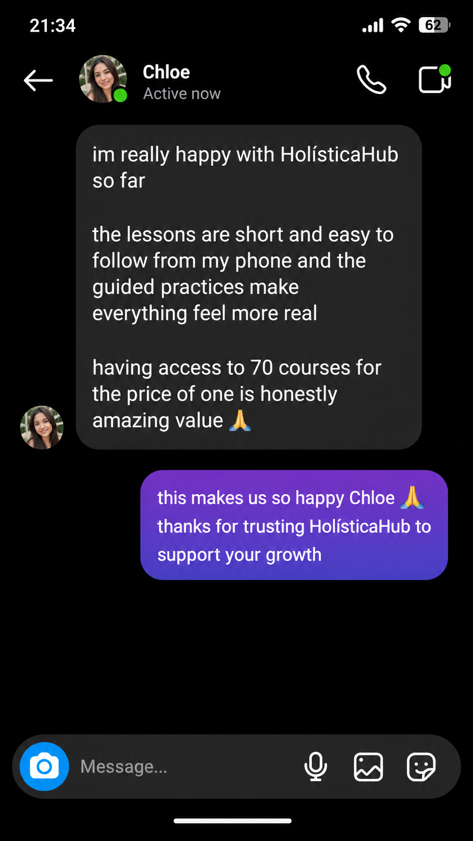 Testimonial from a HolísticaHub student about HolísticaHub