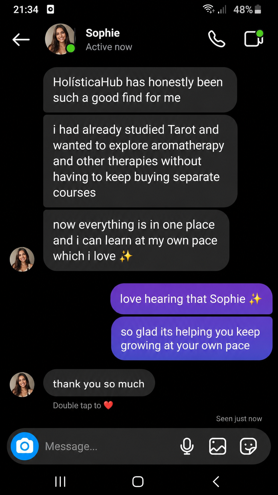 Testimonial from a HolísticaHub student about HolísticaHub
