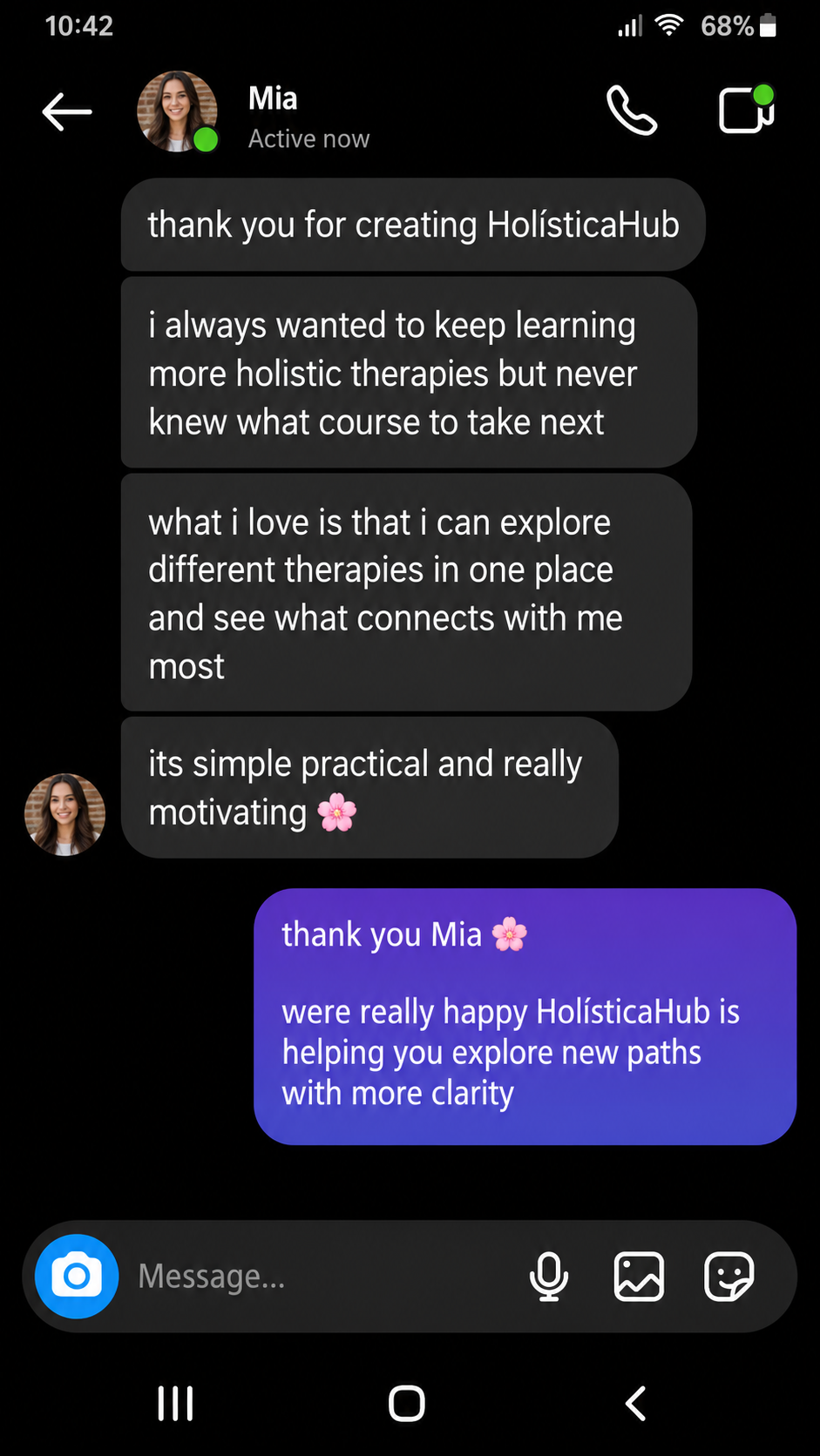 Testimonial from a HolísticaHub student about HolísticaHub